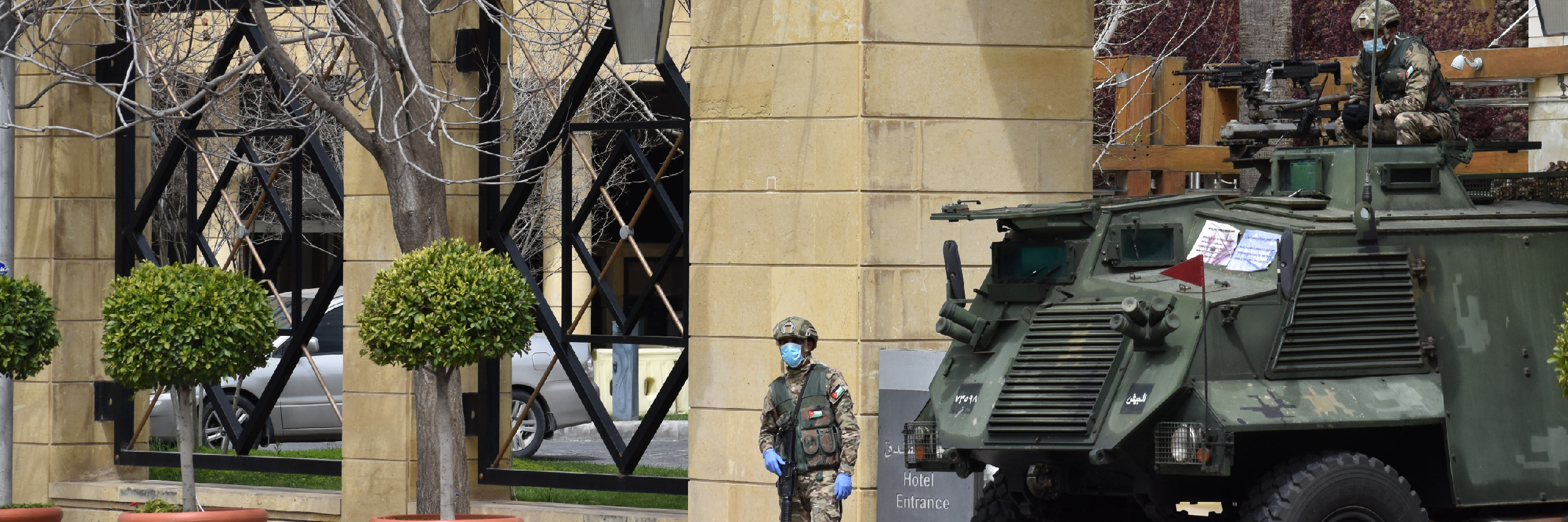 Soldiers outside a hotel in Amman, Jordan. The country is currently under strict curfew enforced by the military to combat coronavirus